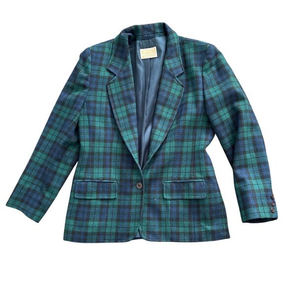 Pendleton Vintage Wool Blazer Size 8 Green Navy Tartan Plaid - Picture 1 of 3